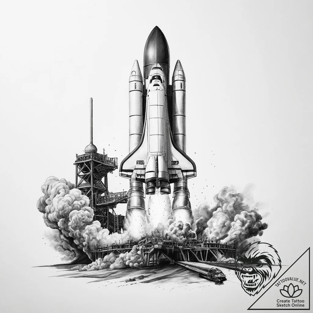 A space shuttle on the launchpad, steam billo... - tattoo sketch (№1753979441_0, 31.07.2025 16:30) — tattoovalue.net