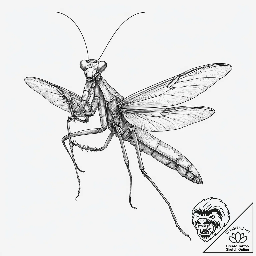 A praying mantis in a martial arts pose, tatt... - tattoo sketch (№1753983677_0, 31.07.2025 17:41) — tattoovalue.net