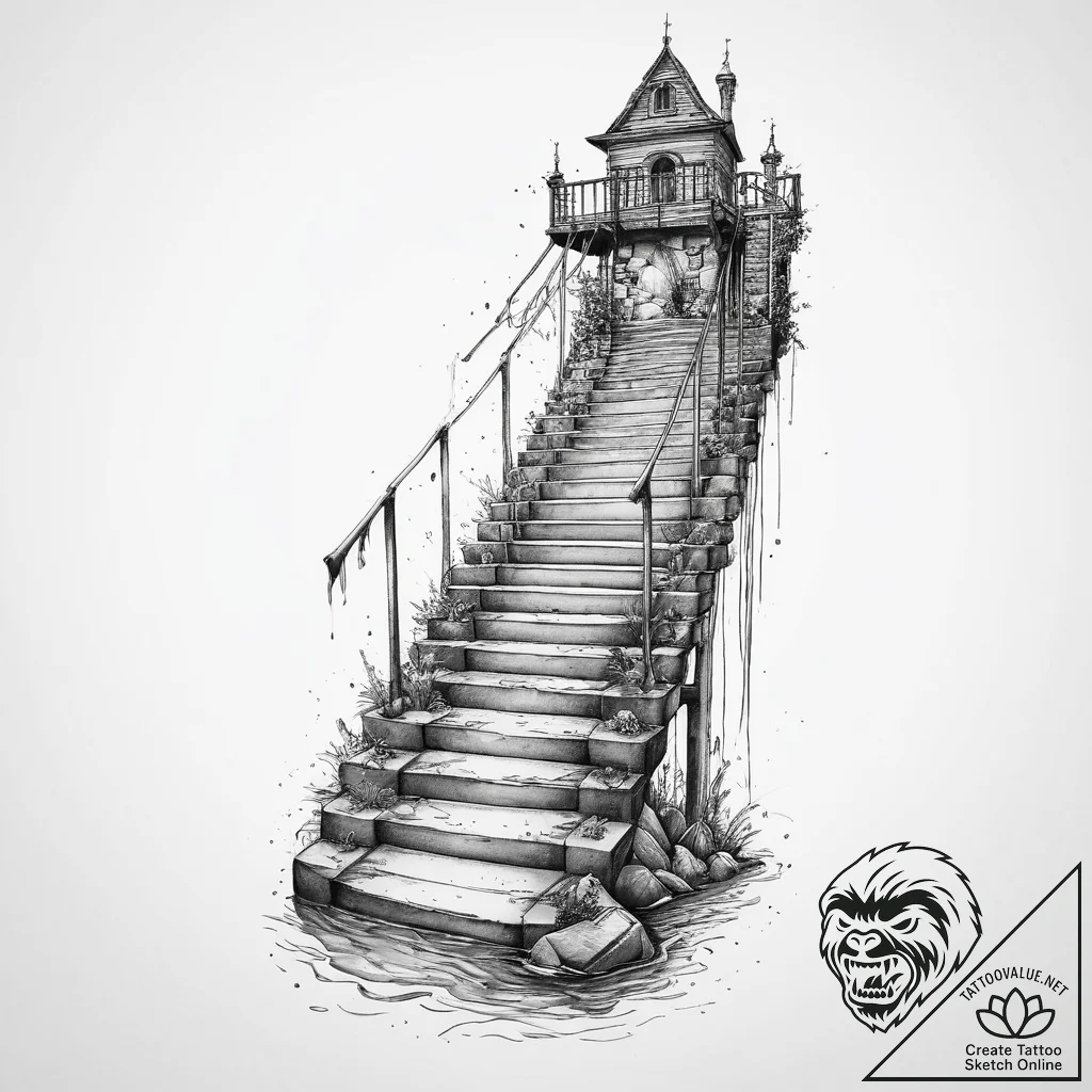 Stairway leading to a submerged city, ink ill... - tattoo sketch (№1753984702_0, 31.07.2025 17:58) — tattoovalue.net