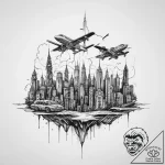 Dystopian city skyline with flying vehicles,… – tattoo sketch (№1753986134_0, 31.07.2025 18:22) — tattoovalue.net