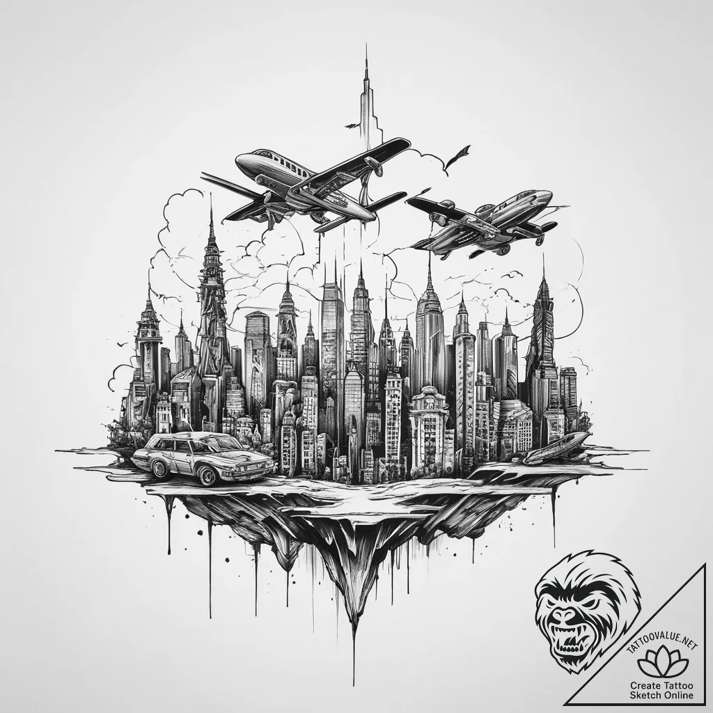 Dystopian city skyline with flying vehicles,... - tattoo sketch (№1753986134_0, 31.07.2025 18:22) — tattoovalue.net