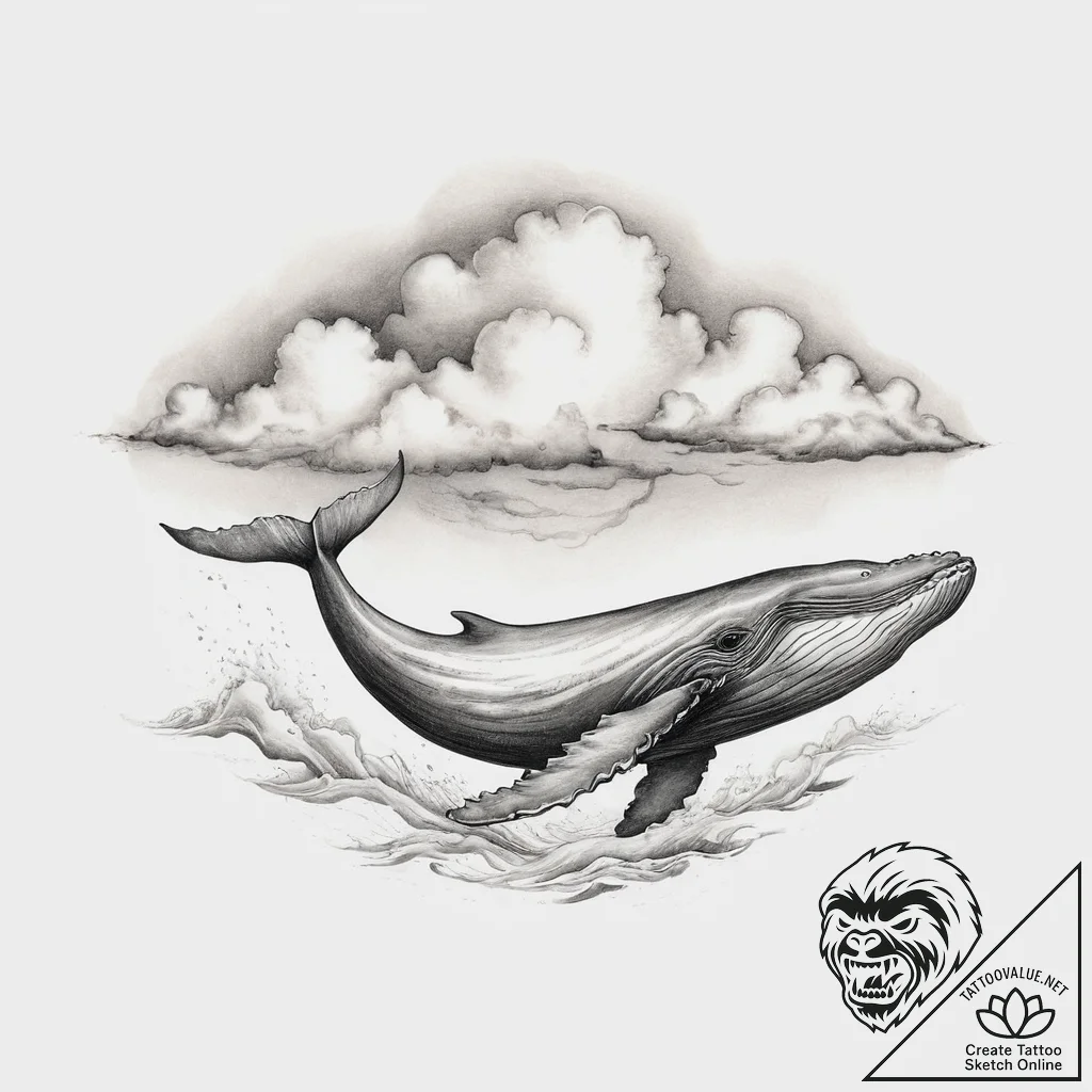 A whale swimming through clouds, tattoo sketc... - tattoo sketch (№1753989763_0, 31.07.2025 19:22) — tattoovalue.net