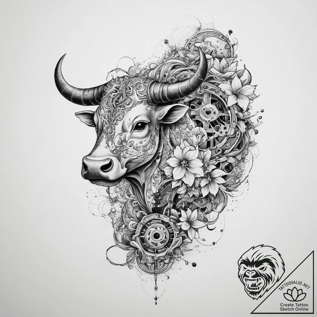 Tattoo design a taurus bull's body made of in... - tattoo sketch (№1753991773_0, 31.07.2025 19:56) — tattoovalue.net