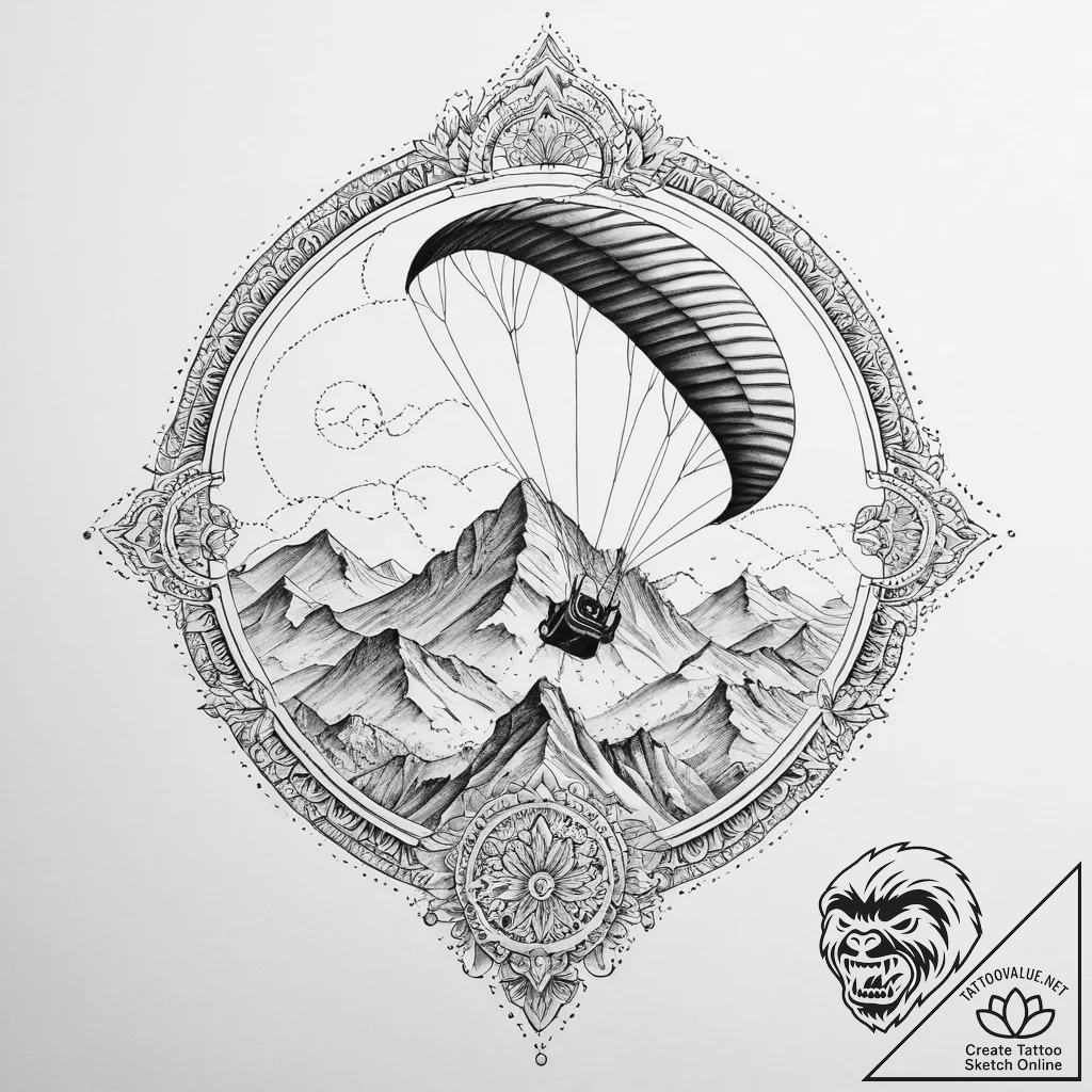 A paraglider soaring over a mountainous valle... - tattoo sketch (№1753996093_0, 31.07.2025 21:08) — tattoovalue.net