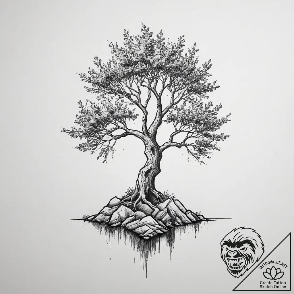 Tattoo sketch a tree growing out of rock, sym... - tattoo sketch (№1753996294_0, 31.07.2025 21:11) — tattoovalue.net