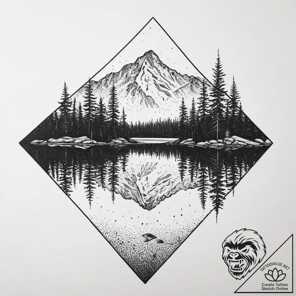 A serene, mirror-like lake in the canadian ro... - tattoo sketch (№1753999720_0, 31.07.2025 22:08) — tattoovalue.net