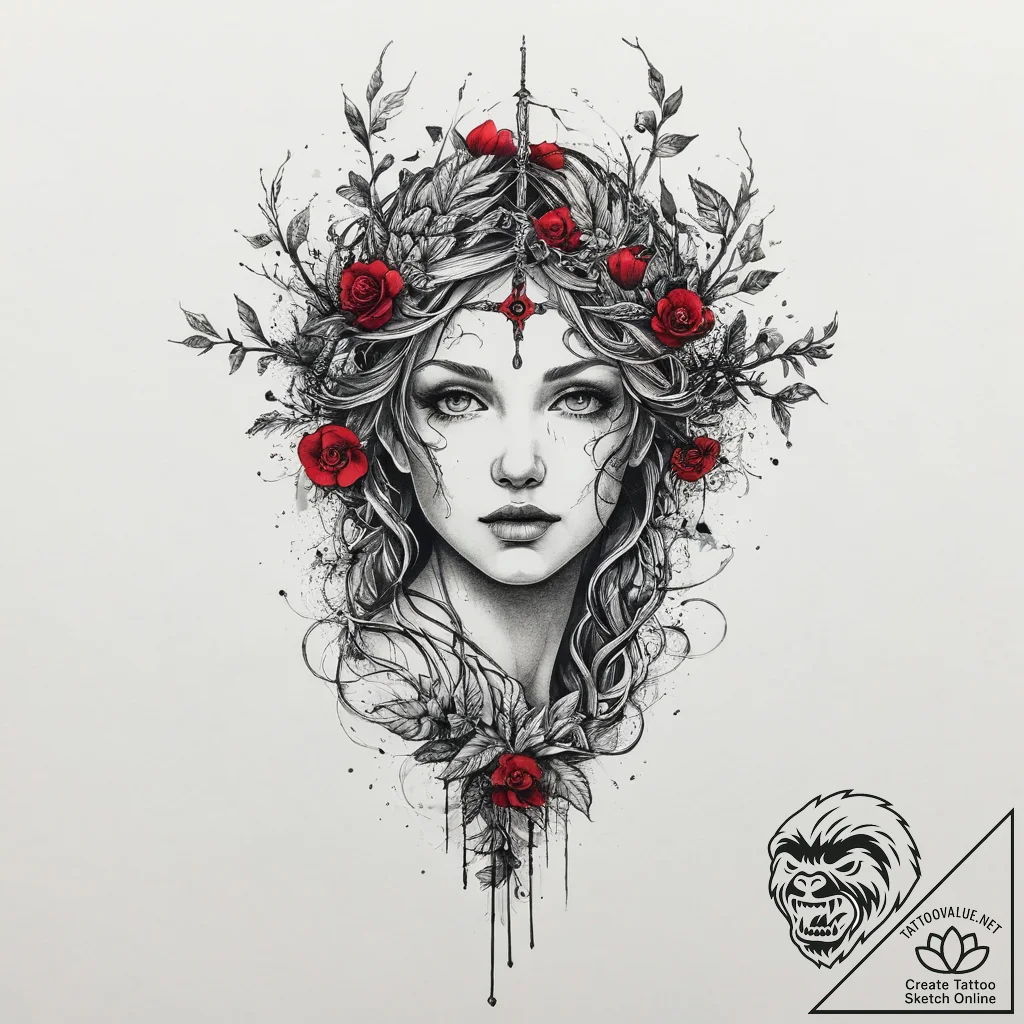 Dryad or tree nymph, tattoo drawing outline,... - tattoo sketch (№1754002839_0, 31.07.2025 23:00) — tattoovalue.net