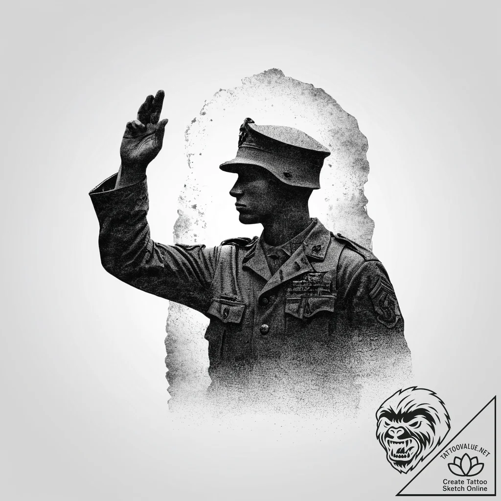 Tattoo sketch a silhouette of a soldier salut... - tattoo sketch (№1754004412_0, 31.07.2025 23:26) — tattoovalue.net
