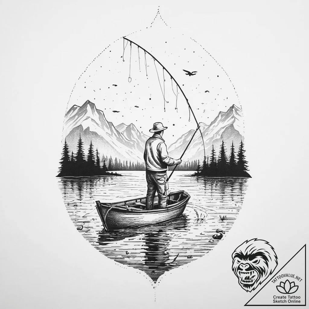 Tattoo design a pixelated character fishing i... - tattoo sketch (№1754006581_0, 01.08.2025 00:03) — tattoovalue.net