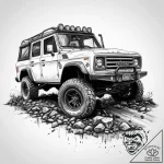 A rugged, mud-splattered 4×4 off-road vehicle… – tattoo sketch (№1754006779_0, 01.08.2025 00:06) — tattoovalue.net