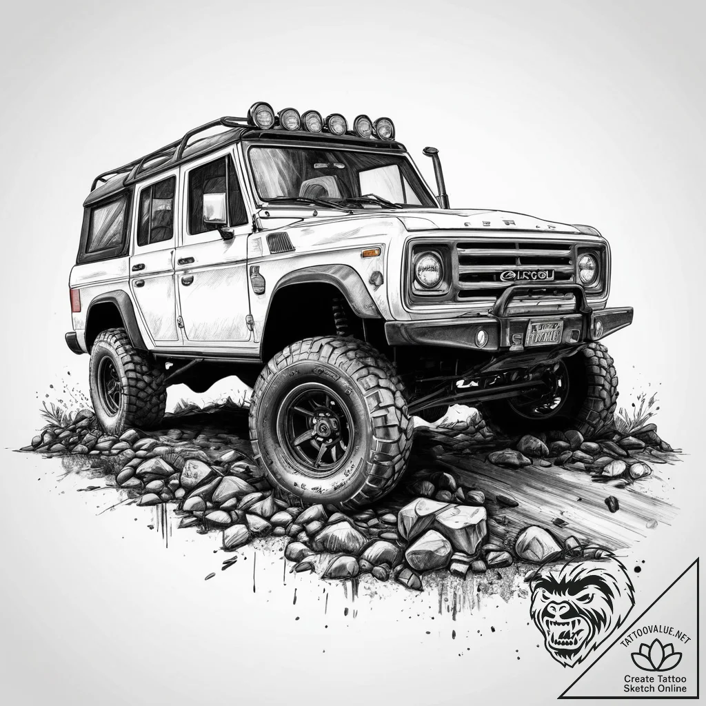 A rugged, mud-splattered 4x4 off-road vehicle... - tattoo sketch (№1754006779_0, 01.08.2025 00:06) — tattoovalue.net