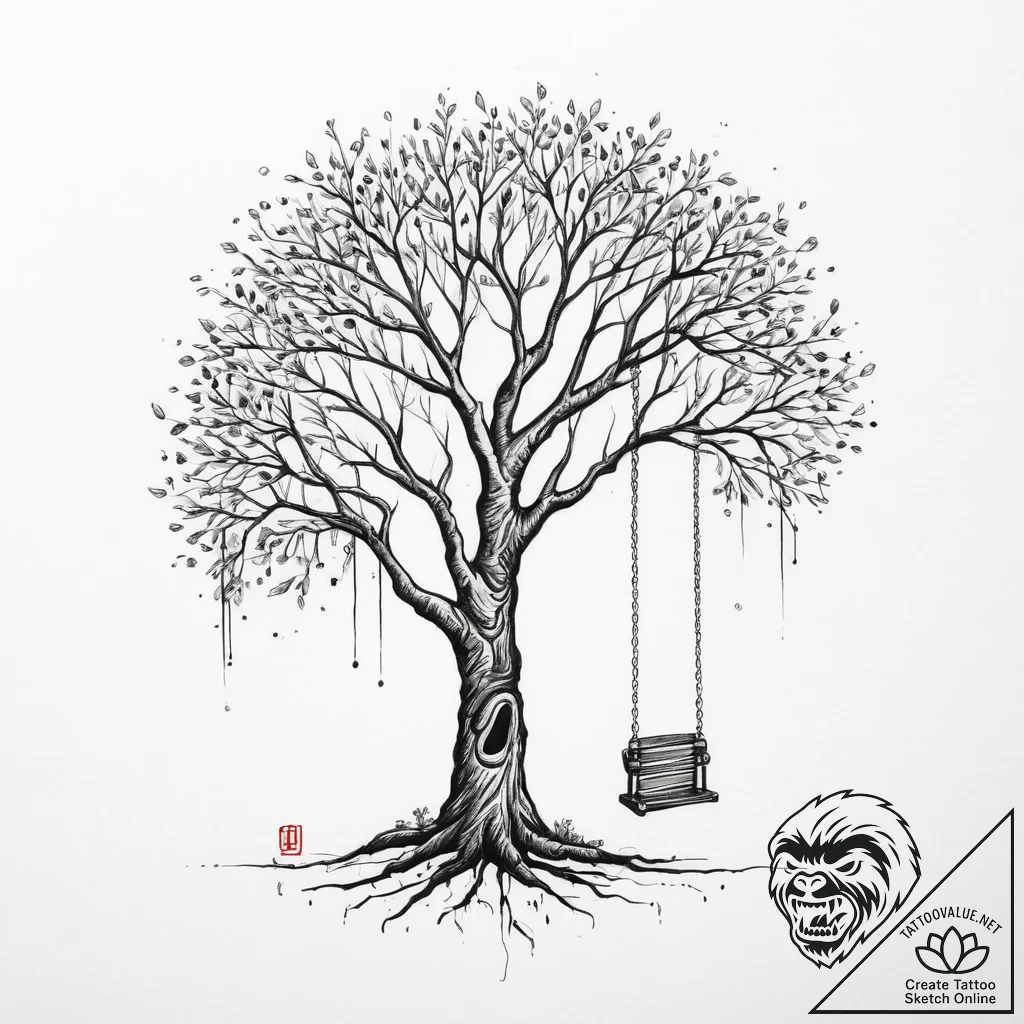 Tattoo sketch a single mighty tree with a swi... - tattoo sketch (№1754006976_0, 01.08.2025 00:09) — tattoovalue.net
