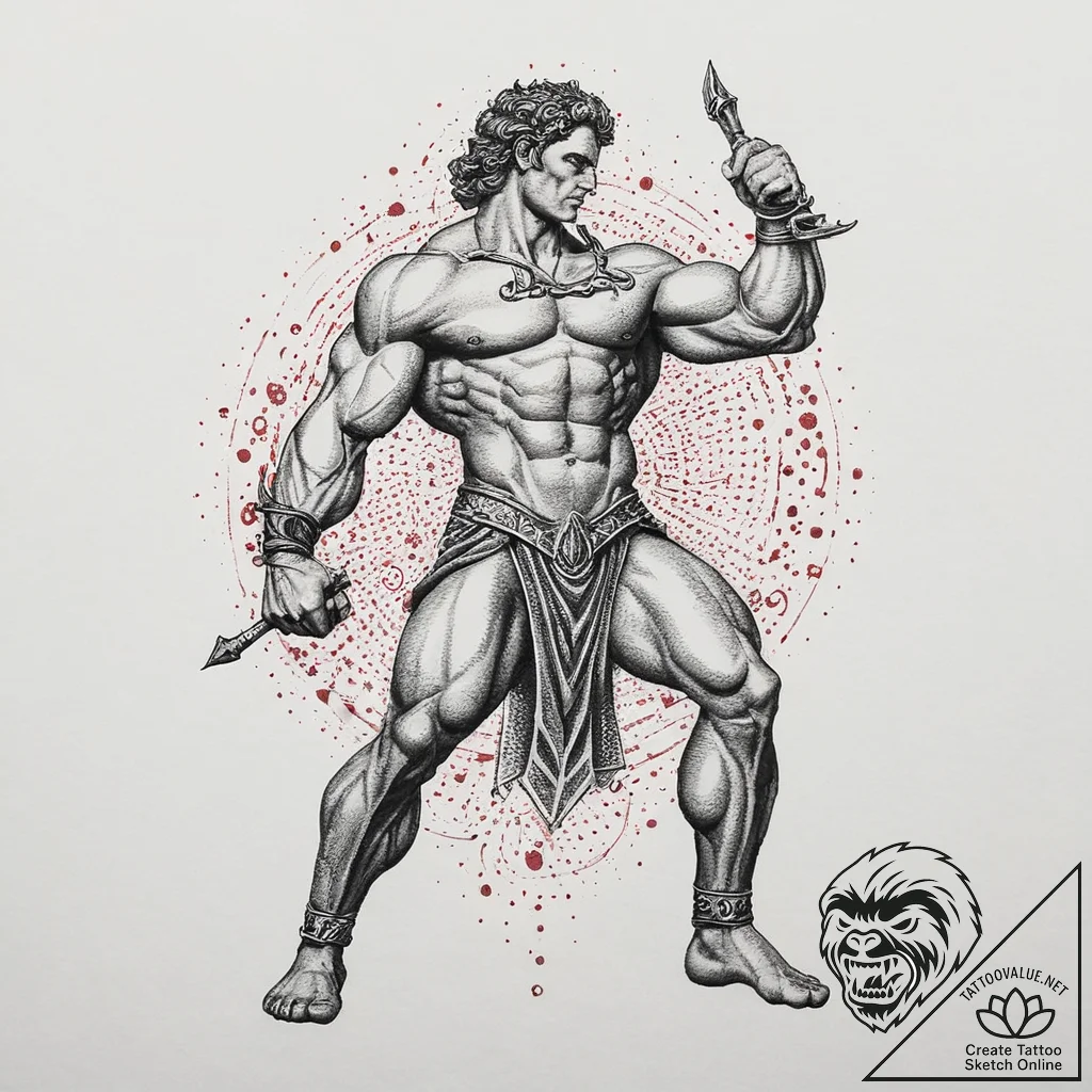 Tattoo design a powerful mythological hero (e... - tattoo sketch (№1754008757_0, 01.08.2025 00:39) — tattoovalue.net