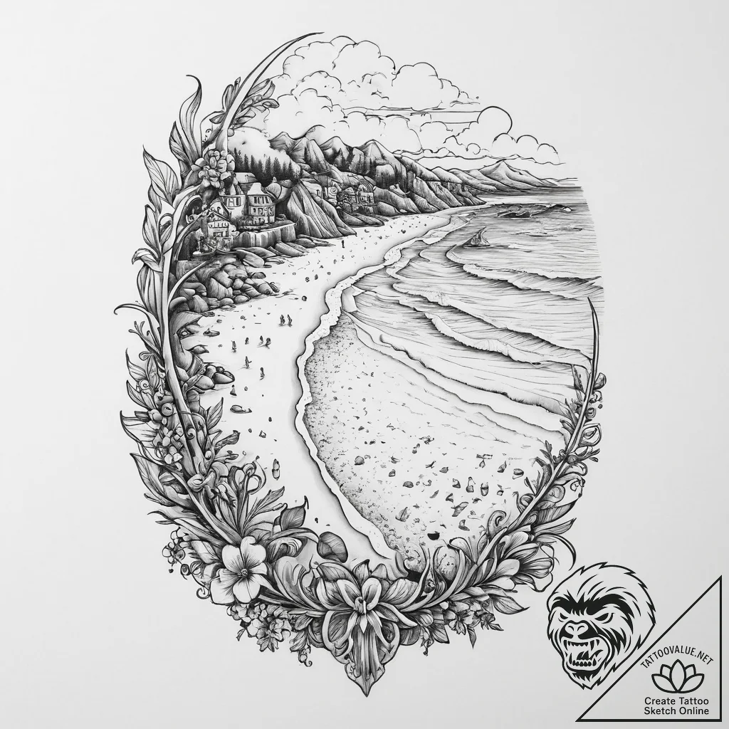 A crowded beach scene, shot from a high angle... - tattoo sketch (№1754010337_0, 01.08.2025 01:05) — tattoovalue.net