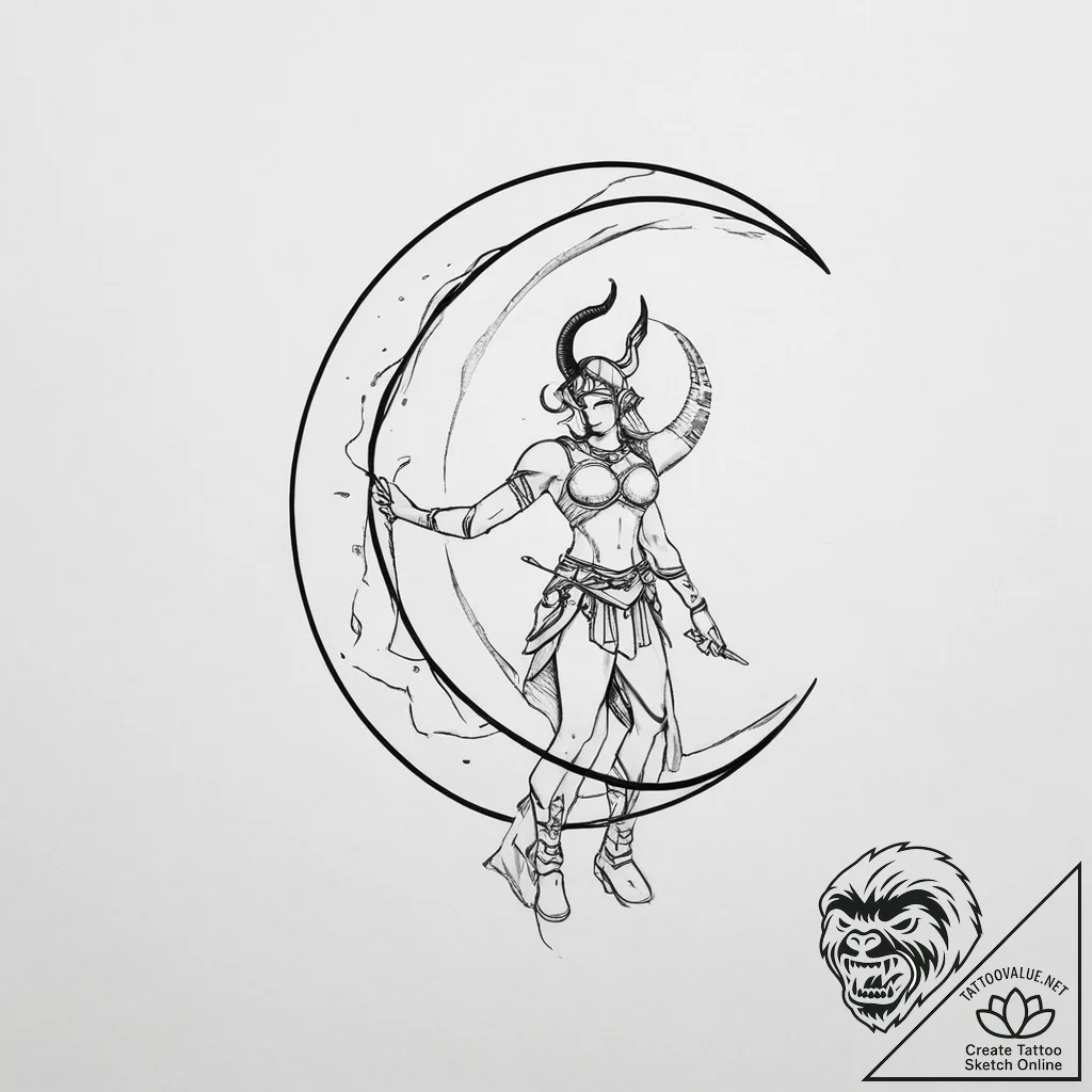 Tattoo design a crescent moon with a warrior'... - tattoo sketch (№1754012512_0, 01.08.2025 01:41) — tattoovalue.net