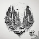 Tattoo sketch a futuristic cityscape at night… – tattoo sketch (№1754015482_0, 01.08.2025 02:31) — tattoovalue.net