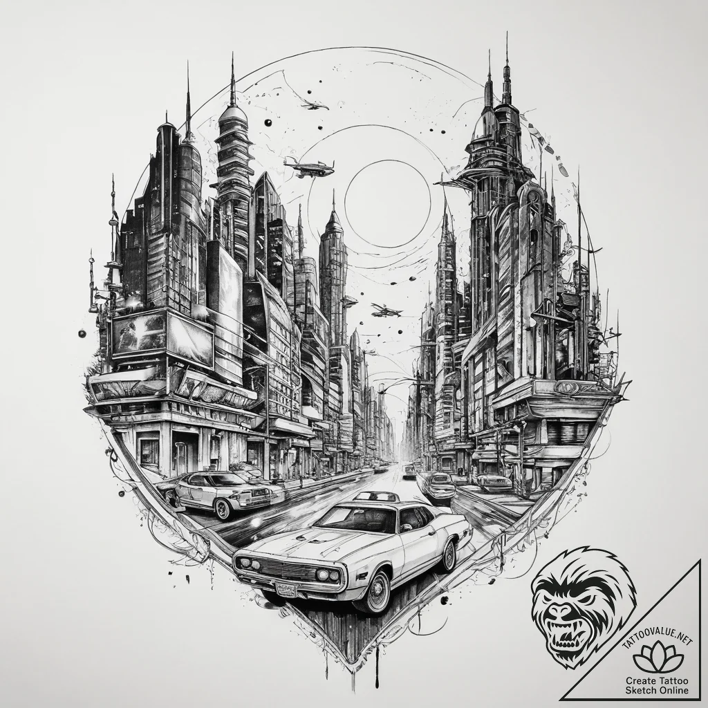 Tattoo sketch a futuristic cityscape at night... - tattoo sketch (№1754015482_0, 01.08.2025 02:31) — tattoovalue.net