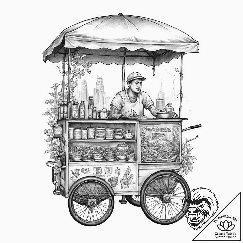 A street food vendor serving noodles from a c... - tattoo sketch (№1754018656_0, 01.08.2025 03:24) — tattoovalue.net