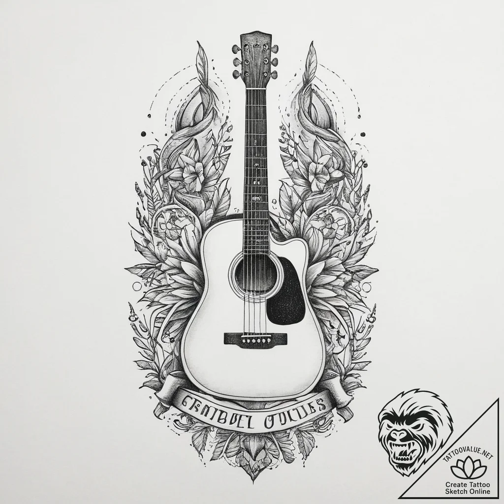 Guitar, concept art for tattoo, fine lines, d... - tattoo sketch (№1754023213_0, 01.08.2025 04:40) — tattoovalue.net