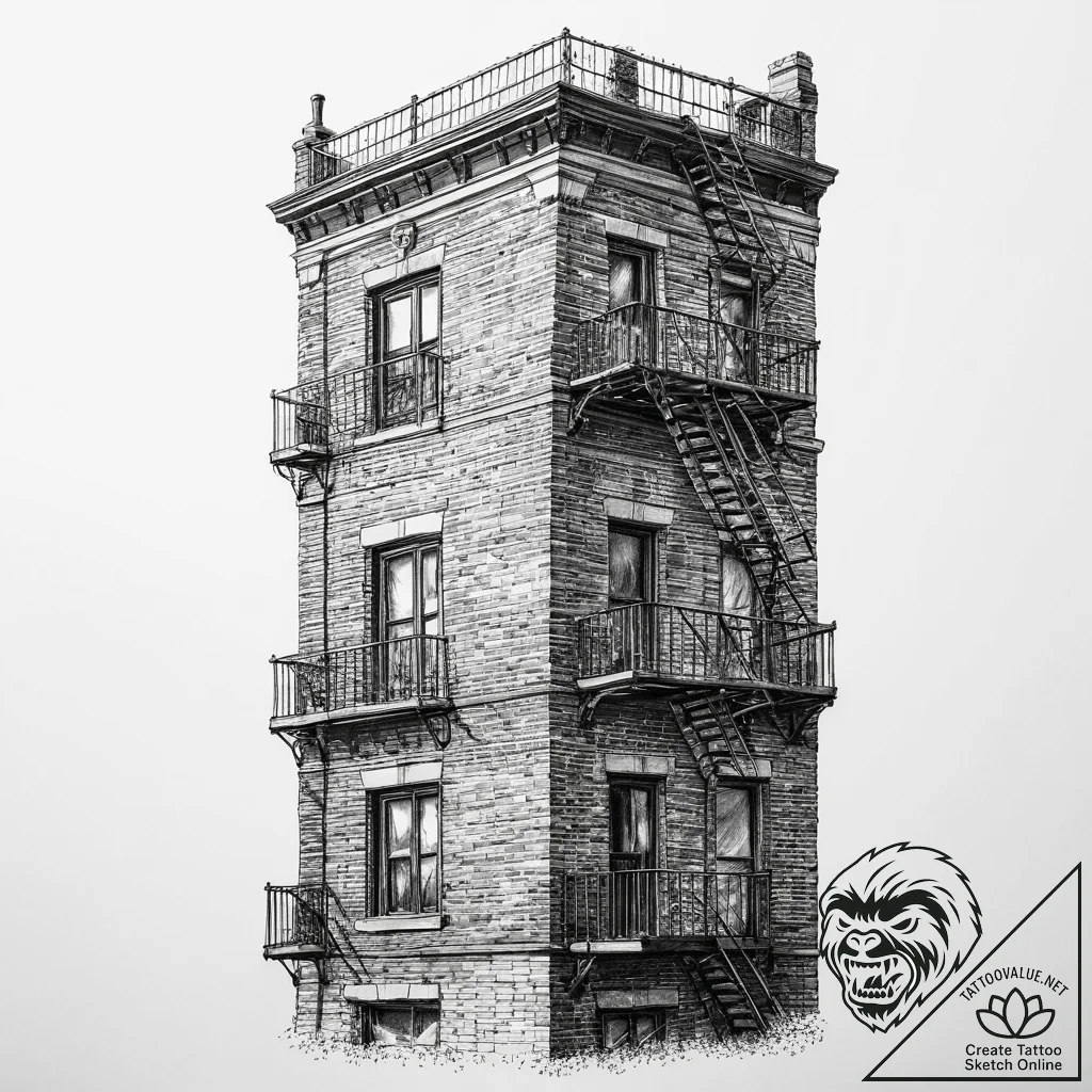 A fire escape on the side of a classic brick... - tattoo sketch (№1754025396_0, 01.08.2025 05:16) — tattoovalue.net