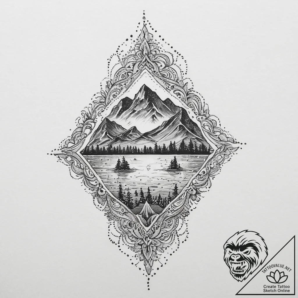 A dotwork landscape, tattoo drawing outline,... - tattoo sketch (№1754026187_0, 01.08.2025 05:29) — tattoovalue.net