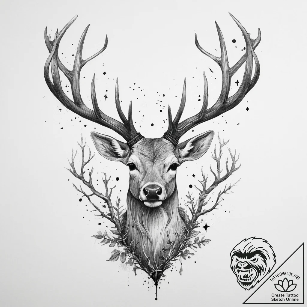 A deer with antlers made of dead branches and... - tattoo sketch (№1754026390_0, 01.08.2025 05:33) — tattoovalue.net
