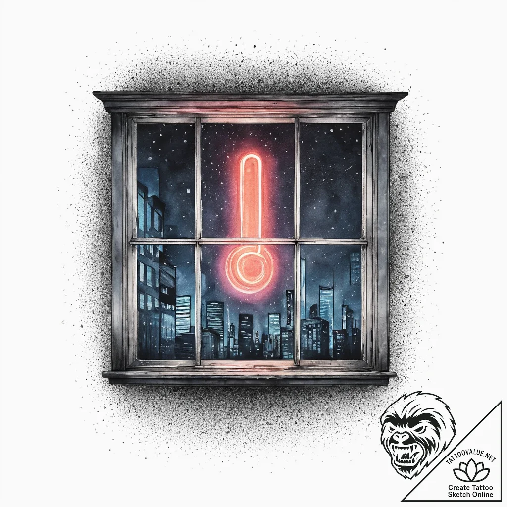 A neon "open" sign glowing in a window on a d... - tattoo sketch (№1754027577_0, 01.08.2025 05:52) — tattoovalue.net