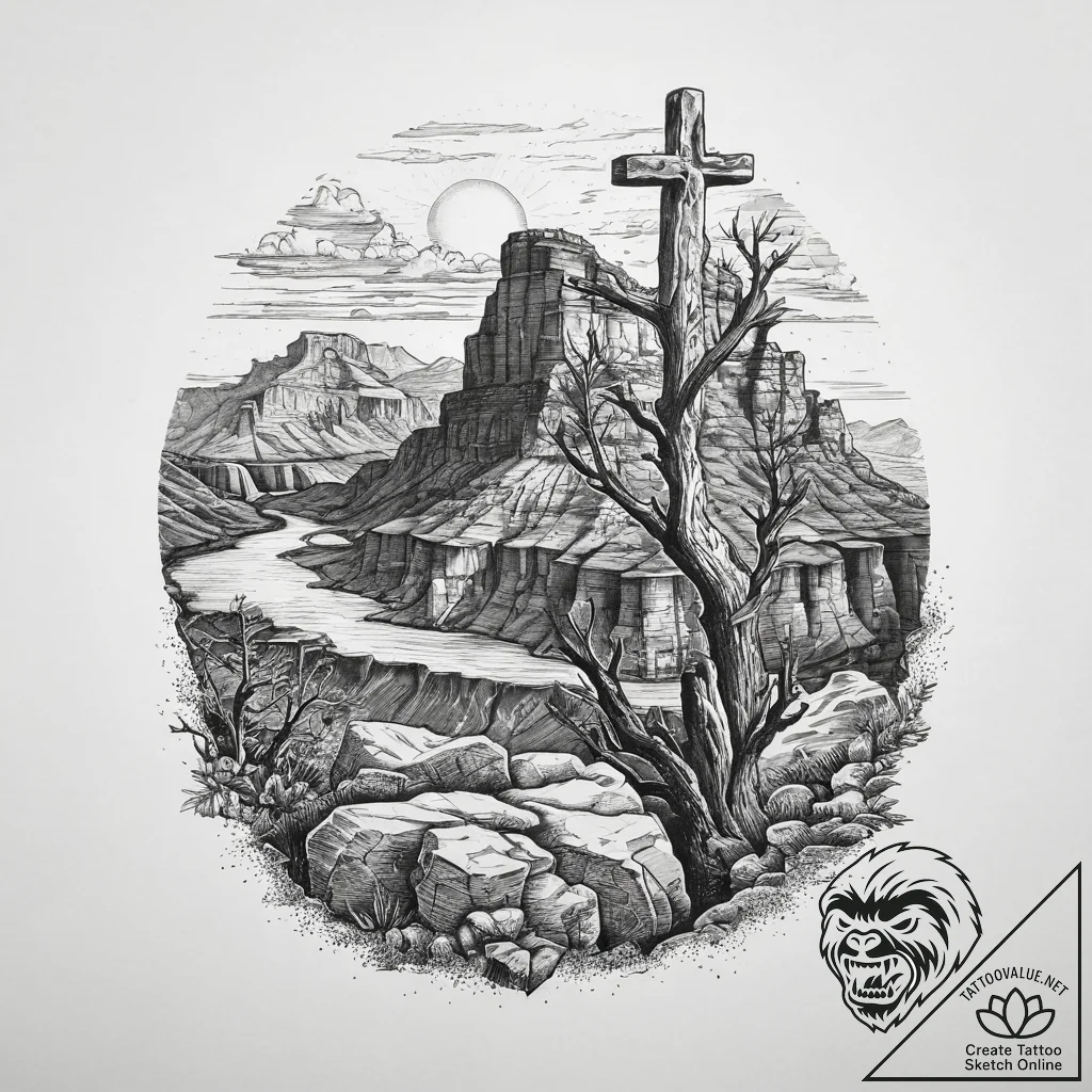 The dramatic, layered rock formations of the... - tattoo sketch (№1754028764_0, 01.08.2025 06:12) — tattoovalue.net