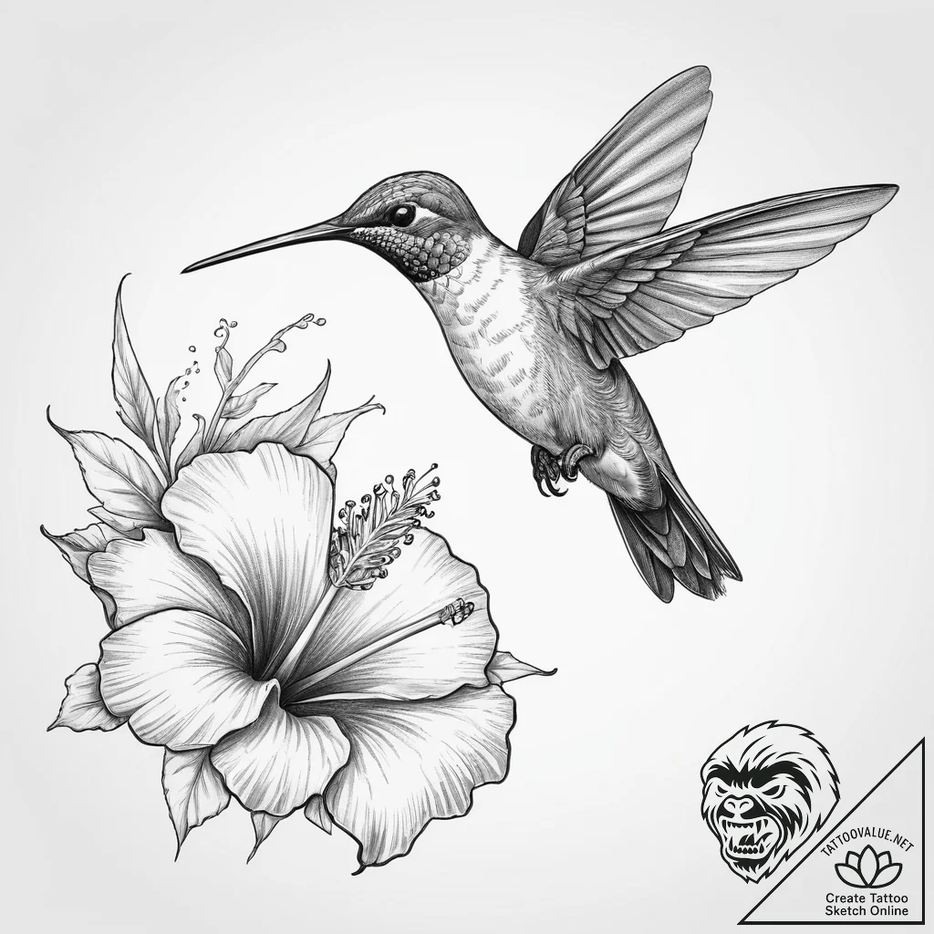 A hummingbird drinking from a hibiscus flower... - tattoo sketch (№1754031340_0, 01.08.2025 06:55) — tattoovalue.net