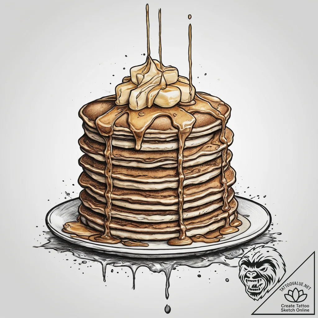 A stack of fluffy pancakes with syrup drippin... - tattoo sketch (№1754032340_0, 01.08.2025 07:12) — tattoovalue.net