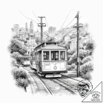 A street-level view of the iconic cable cars… – tattoo sketch (№1754032538_0, 01.08.2025 07:15) — tattoovalue.net