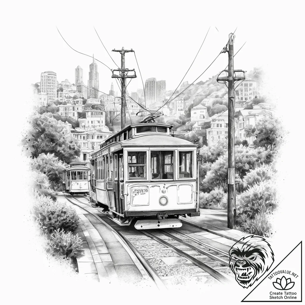 A street-level view of the iconic cable cars... - tattoo sketch (№1754032538_0, 01.08.2025 07:15) — tattoovalue.net