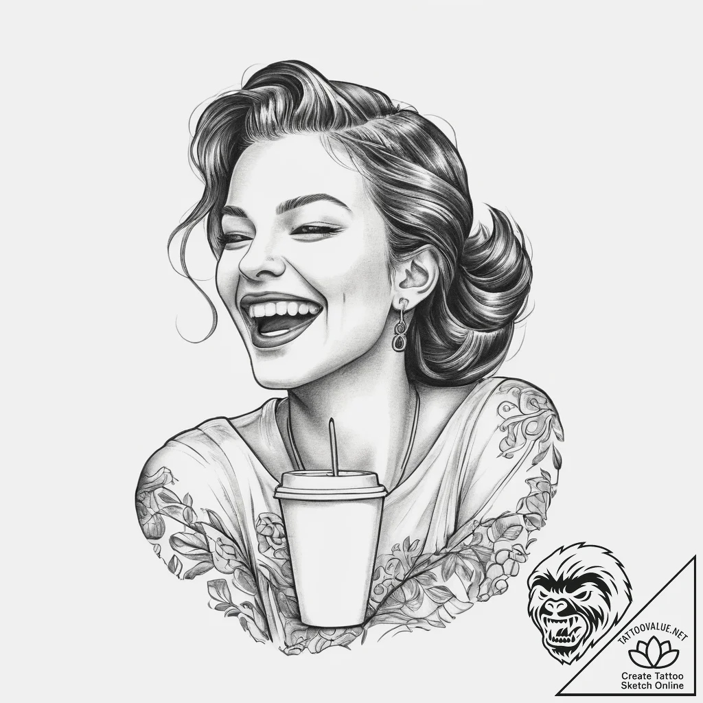 Candid photograph of a young woman laughing h... - tattoo sketch (№1754033326_0, 01.08.2025 07:28) — tattoovalue.net