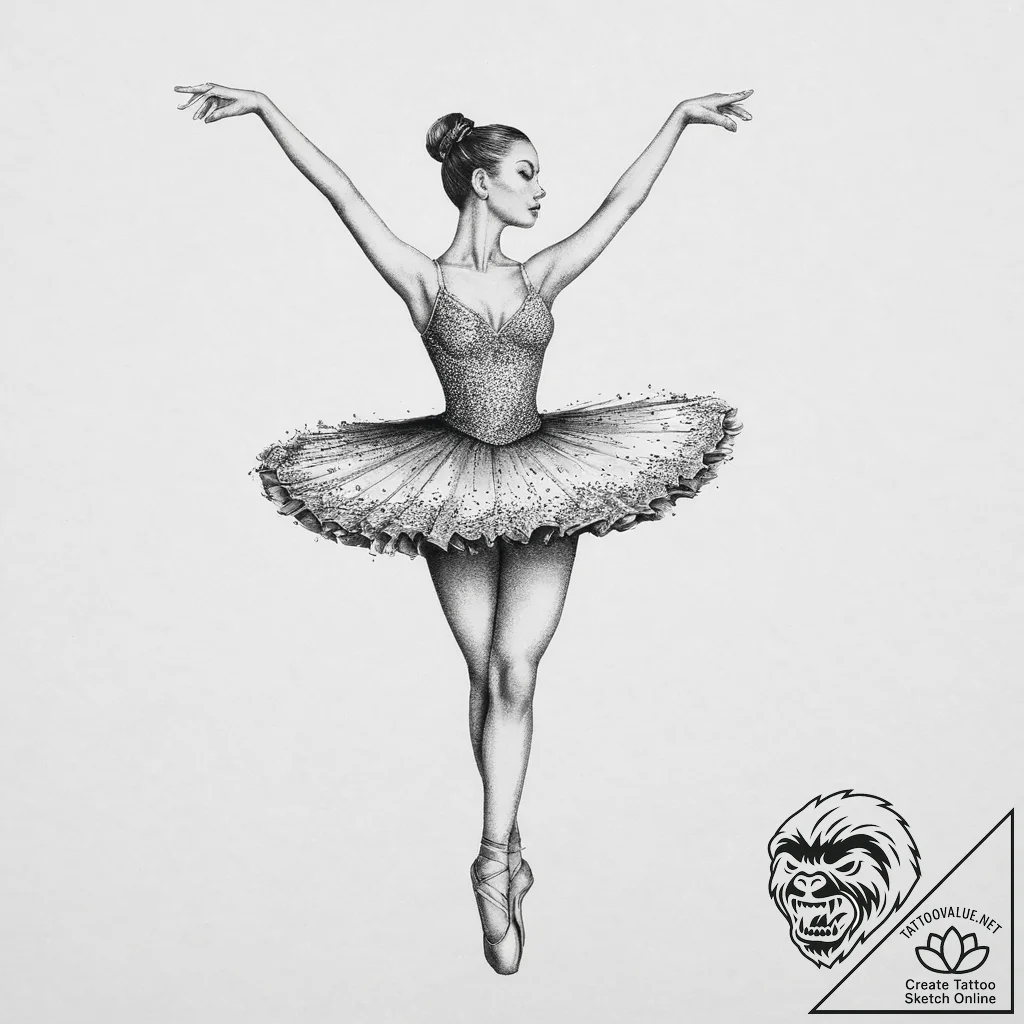 Ballerina, artistic tattoo sketch, on a clean... - tattoo sketch (№1754033721_0, 01.08.2025 07:35) — tattoovalue.net