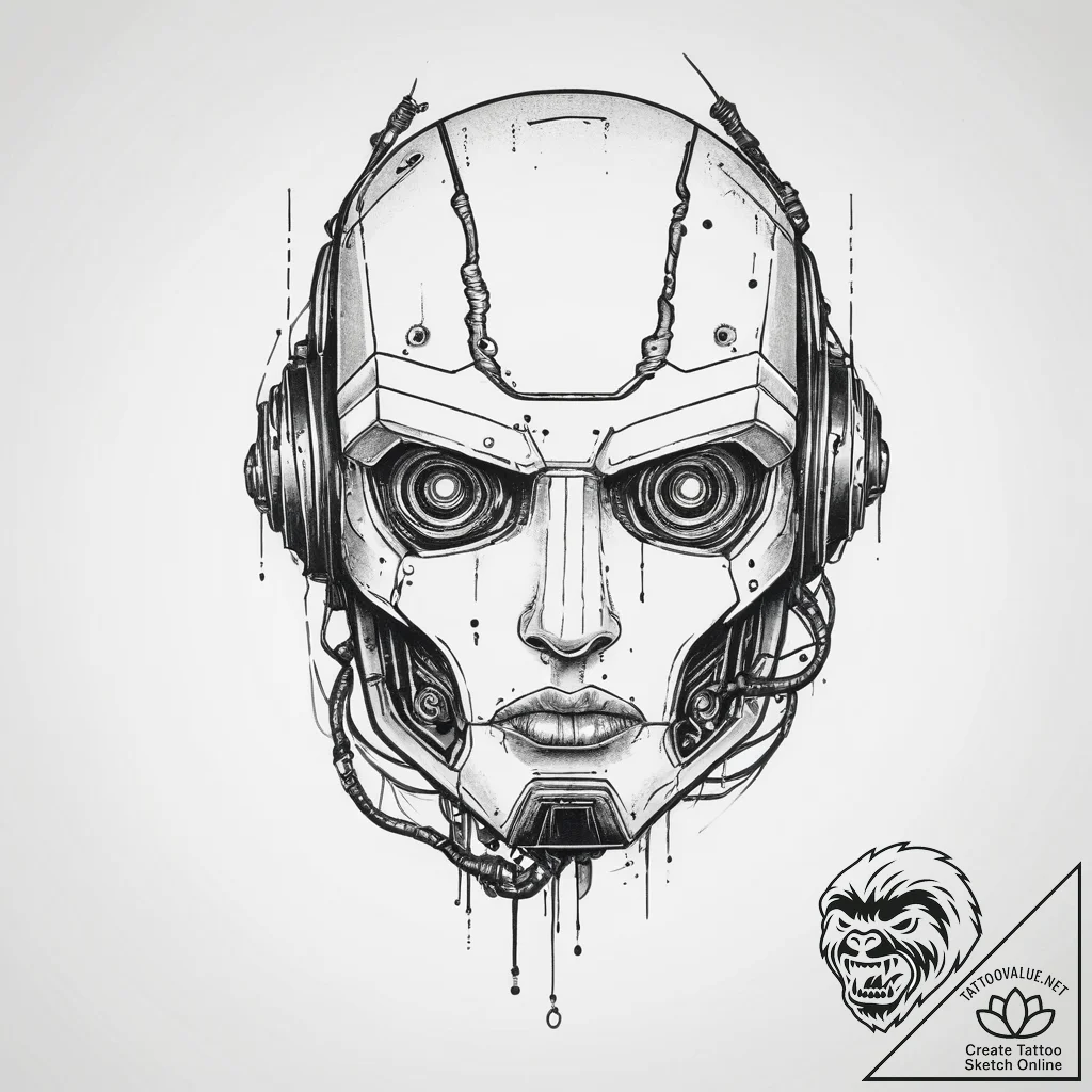 Tattoo sketch a broken robot head with wires... - tattoo sketch (№1754034315_0, 01.08.2025 07:45) — tattoovalue.net