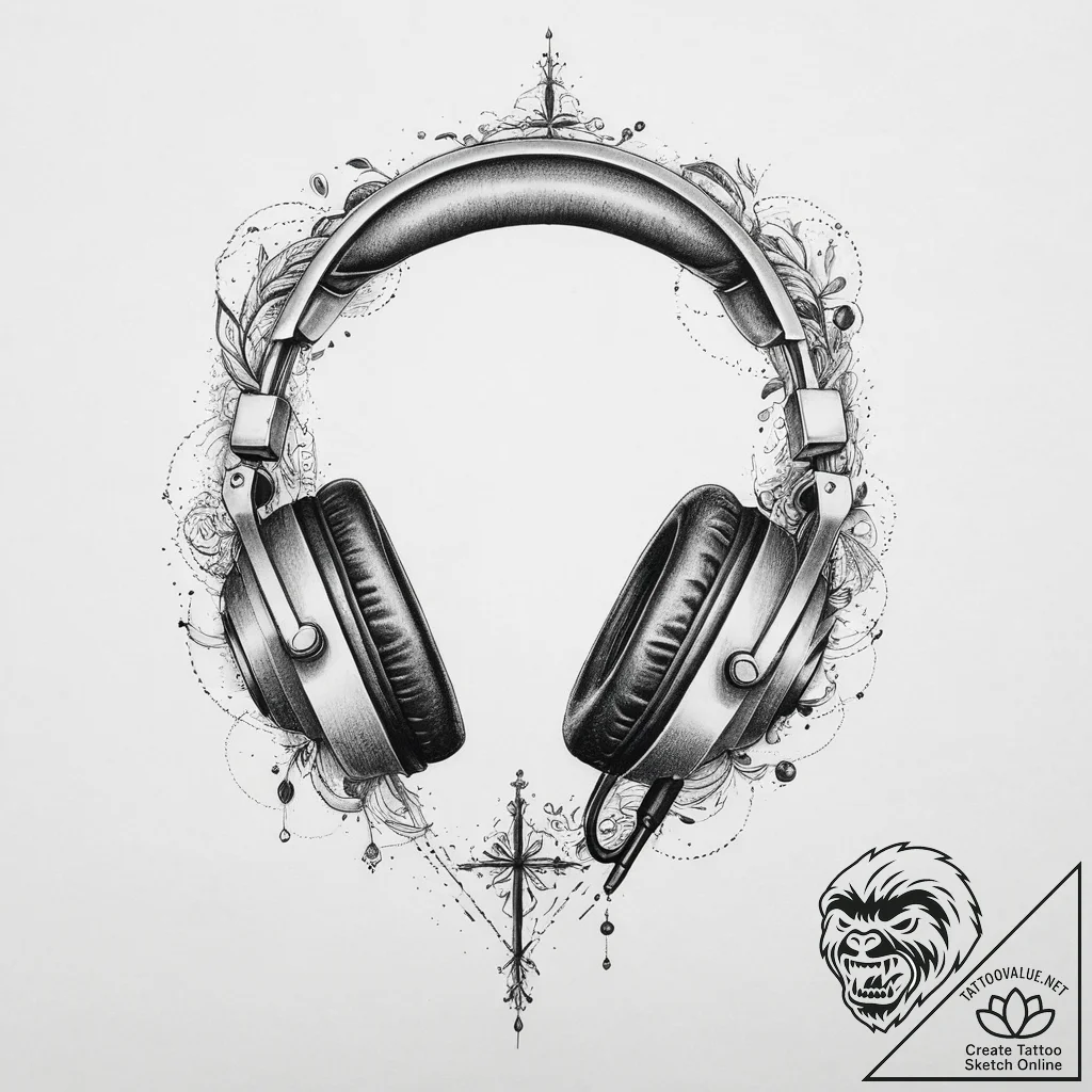 Tattoo sketch a gaming headset with a microph... - tattoo sketch (№1754036701_0, 01.08.2025 08:25) — tattoovalue.net