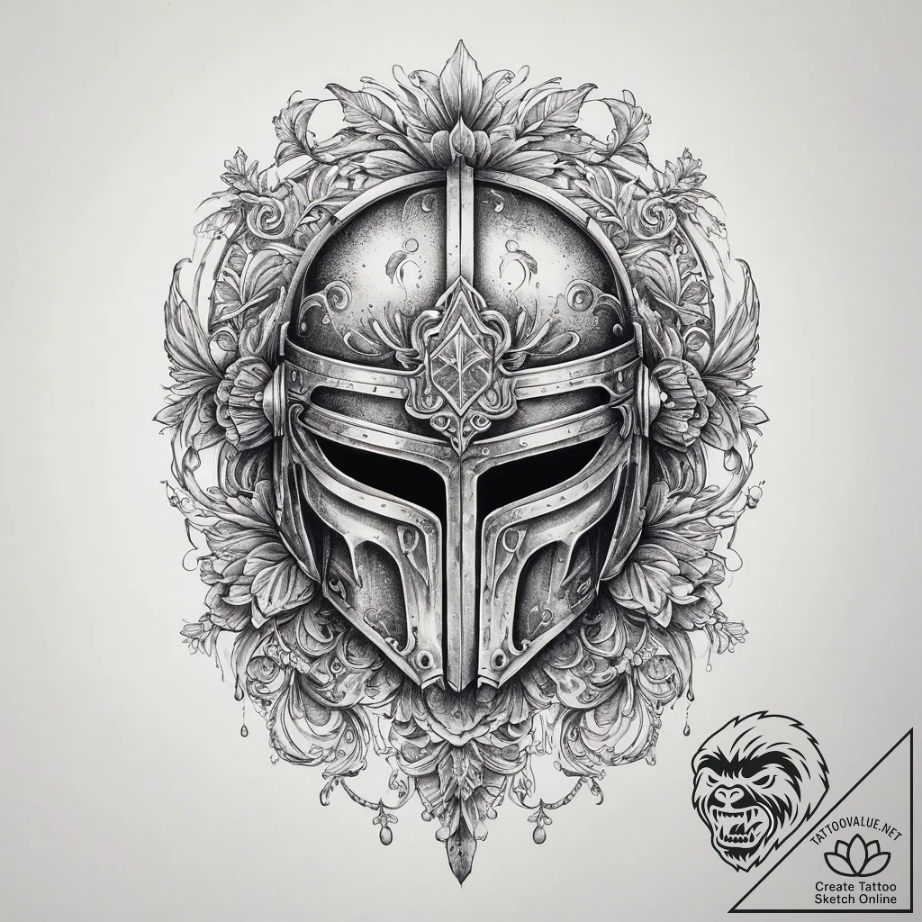 Tattoo design a detailed medieval helmet with... - tattoo sketch (№1754038286_0, 01.08.2025 08:51) — tattoovalue.net