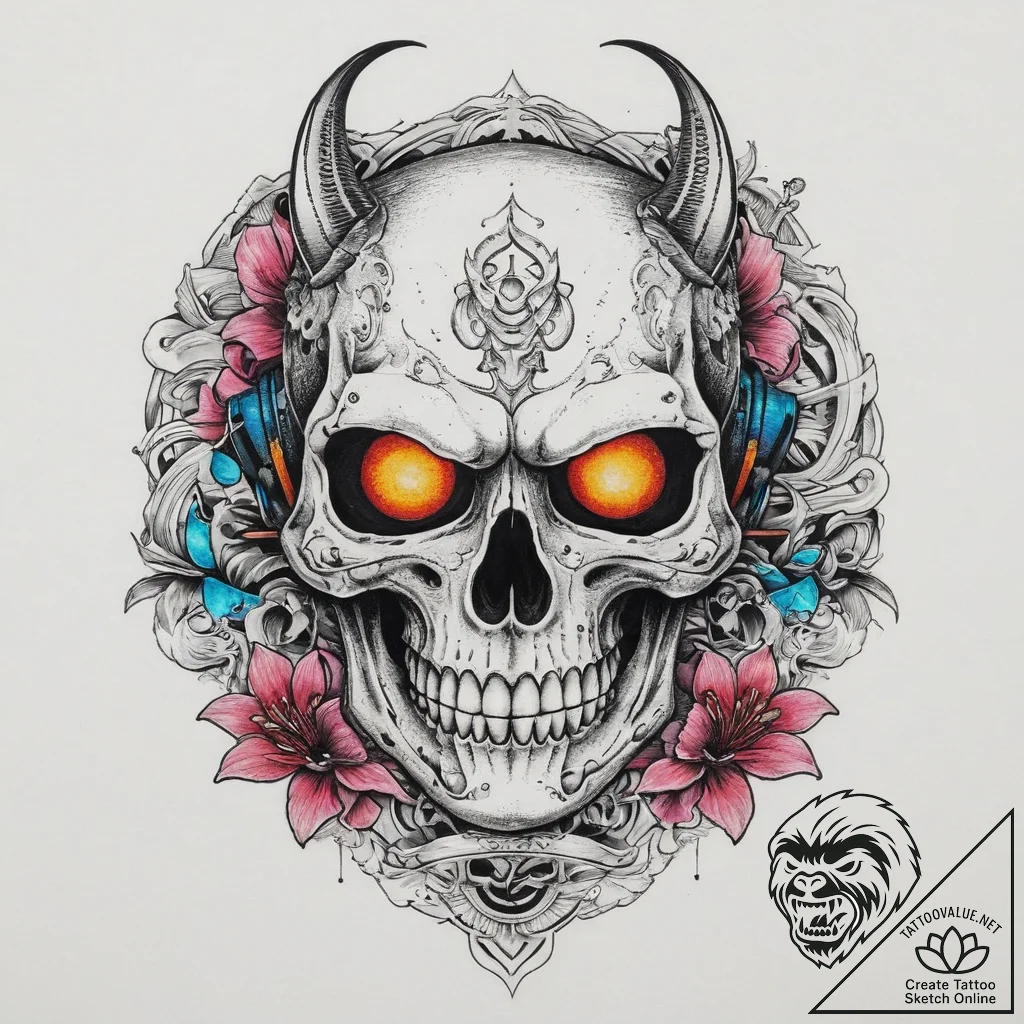A skull with a glowing cyberpunk visor, tatto... - tattoo sketch (№1754040076_0, 01.08.2025 09:21) — tattoovalue.net