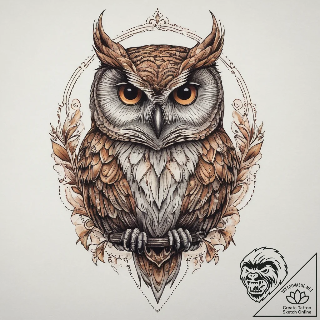 Owl, tattoo line art, neo traditional tattoo,... - tattoo sketch (№1754040275_0, 01.08.2025 09:24) — tattoovalue.net