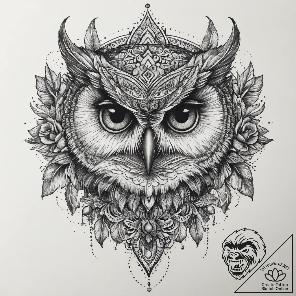 Tattoo design a powerful, unblinking owl's ey... - tattoo sketch (№1754041694_0, 01.08.2025 09:48) — tattoovalue.net