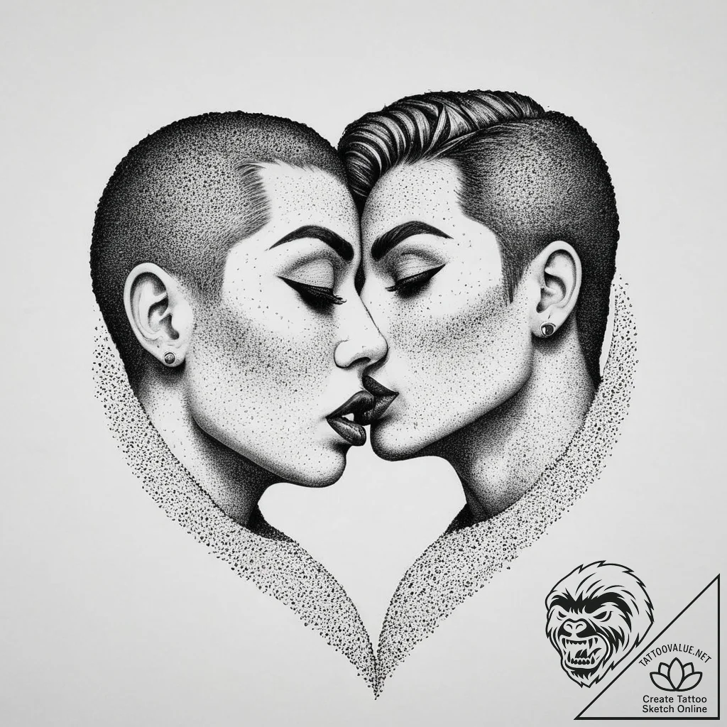 Kiss, tattoo drawing outline, dotwork shading... - tattoo sketch (№1754042913_0, 01.08.2025 10:08) — tattoovalue.net