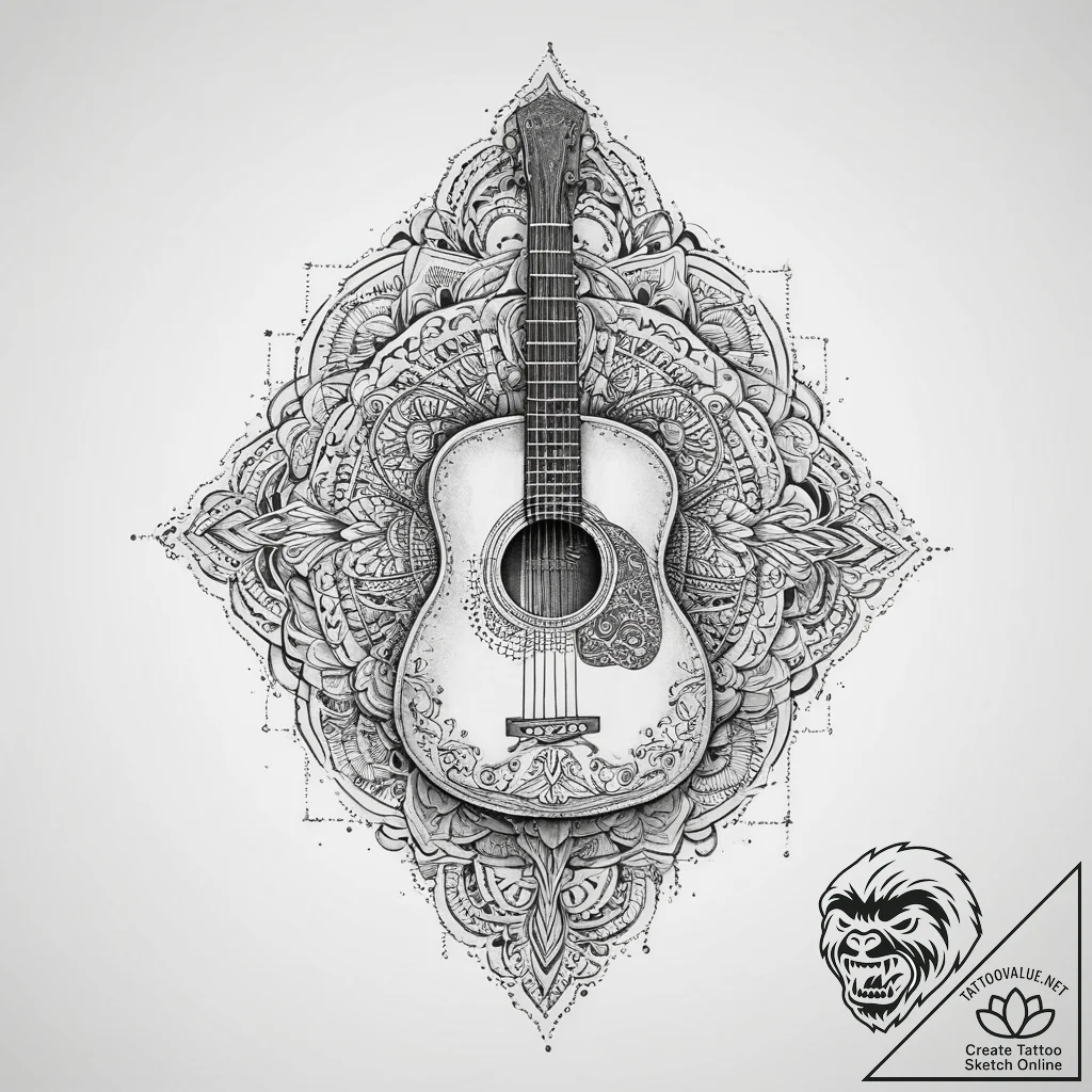 Guitar, ink illustration for tattoo, detailed... - tattoo sketch (№1754046195_0, 01.08.2025 11:03) — tattoovalue.net