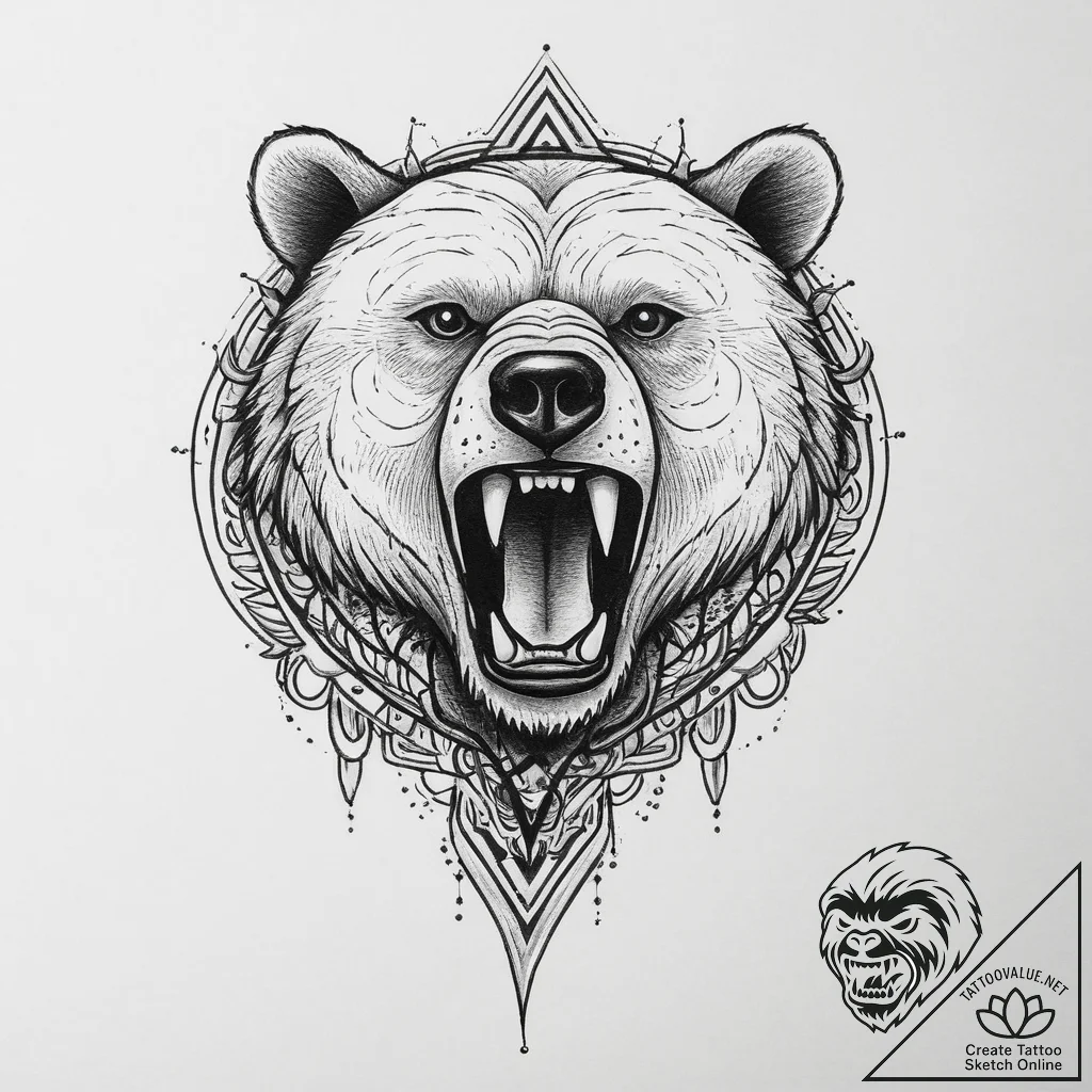 Tattoo sketch a bear's head roaring, with tri... - tattoo sketch (№1754047404_0, 01.08.2025 11:23) — tattoovalue.net