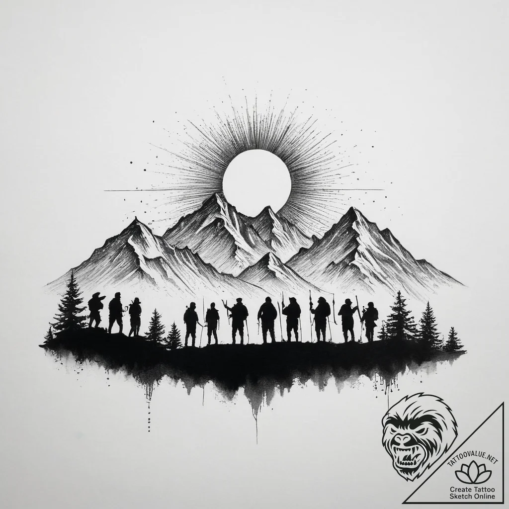 Tattoo sketch a group of adventurers silhouet... - tattoo sketch (№1754048421_0, 01.08.2025 11:40) — tattoovalue.net