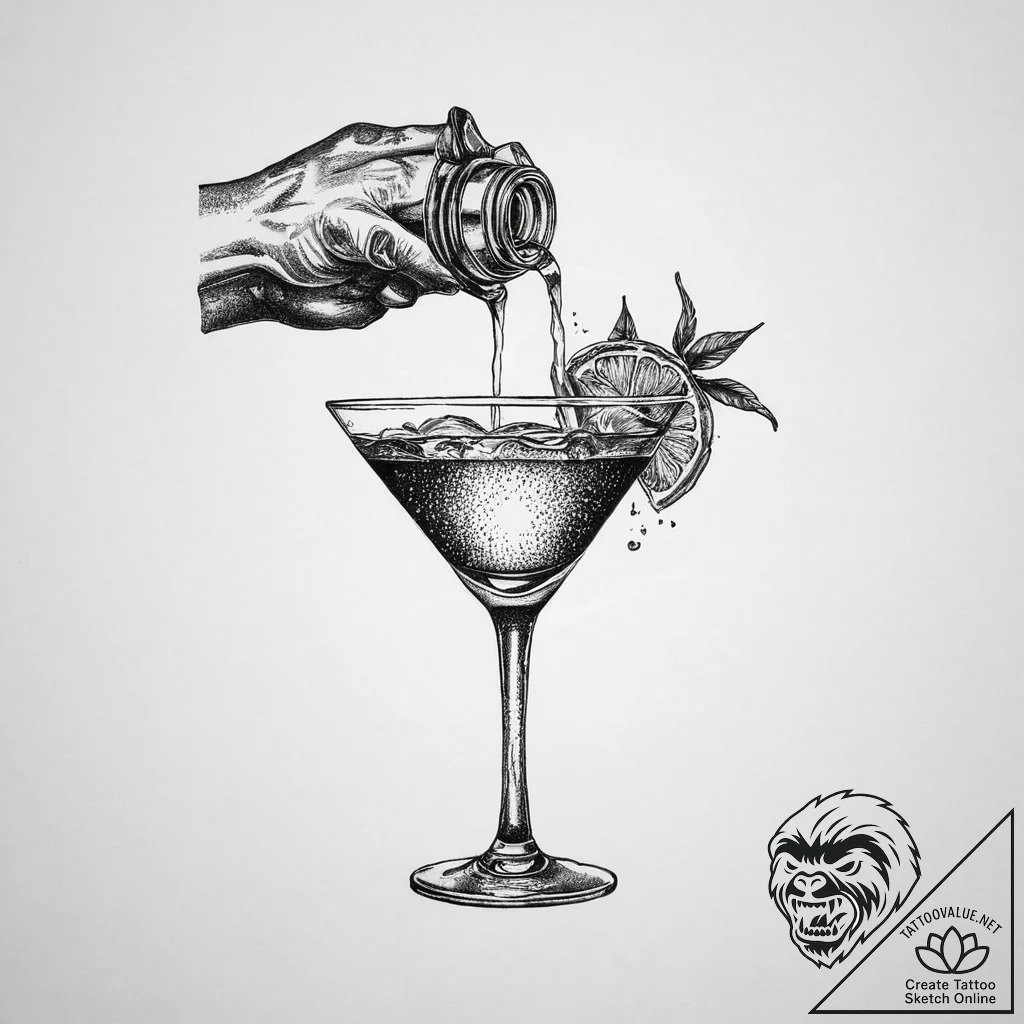 A close-up of a bartender pouring a craft coc... - tattoo sketch (№1754048829_0, 01.08.2025 11:47) — tattoovalue.net