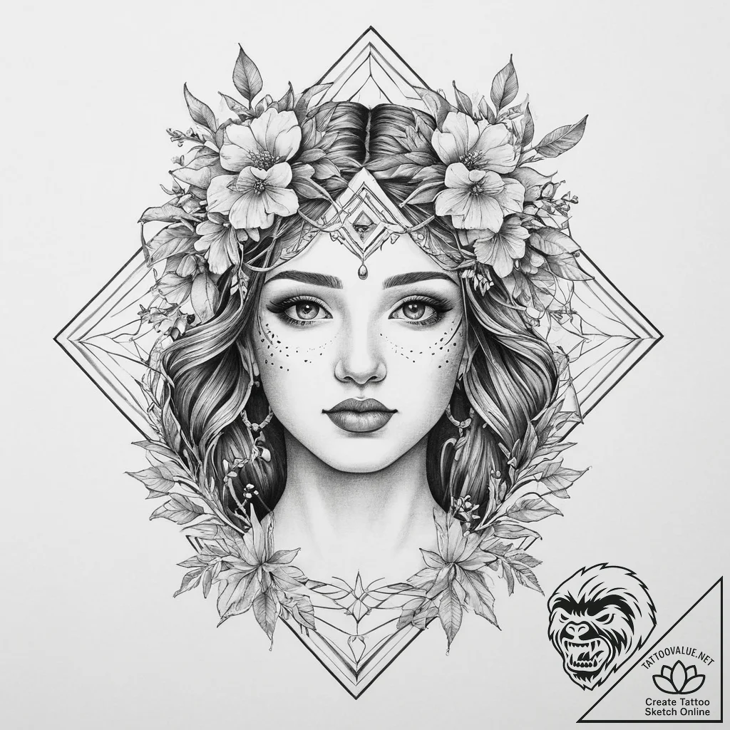 A serene tattoo sketch of the goddess lada, h... - tattoo sketch (№1754049637_0, 01.08.2025 12:00) — tattoovalue.net