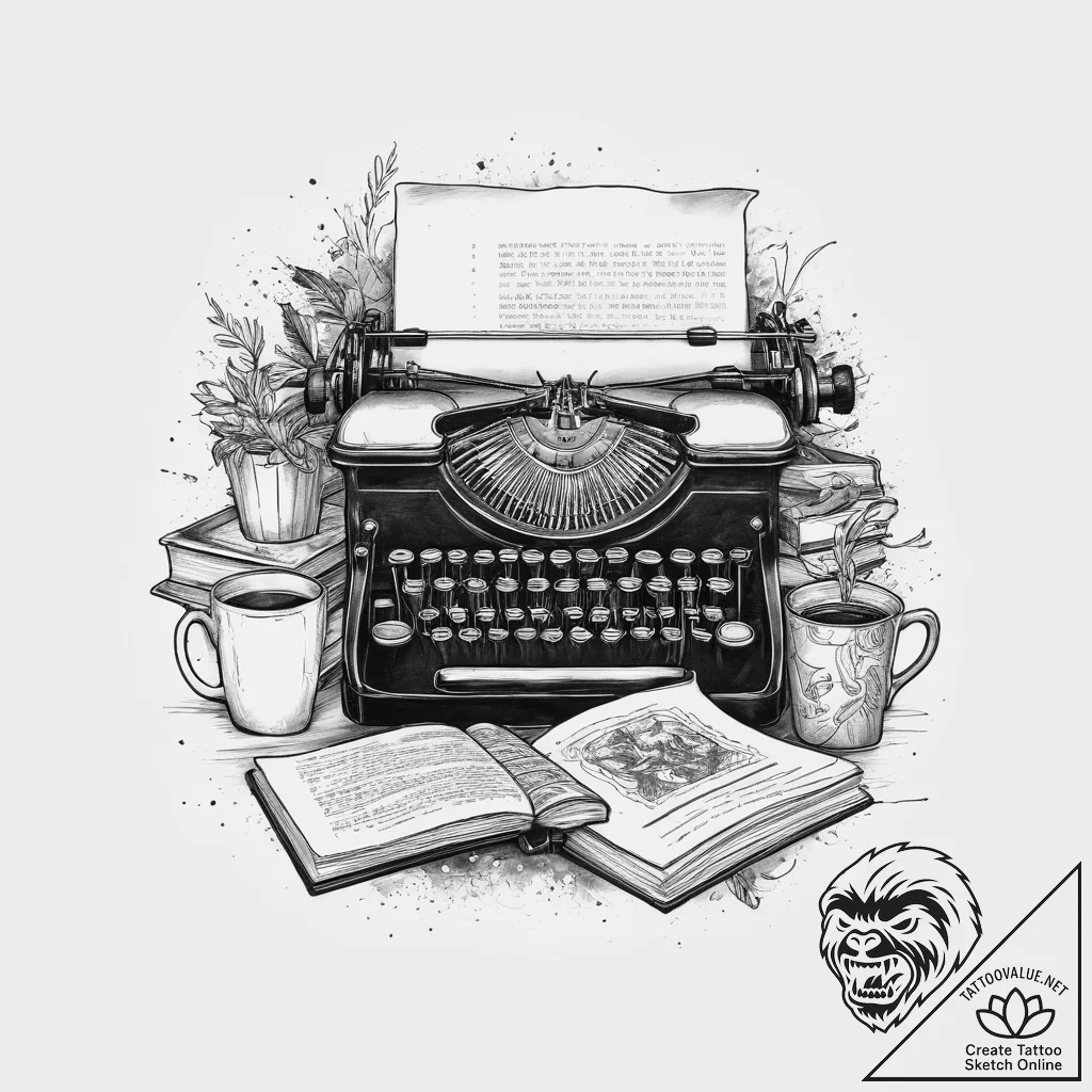 A cozy, messy writer's desk with a vintage ty... - tattoo sketch (№1754050066_0, 01.08.2025 12:07) — tattoovalue.net