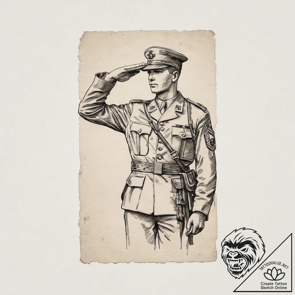 Tattoo sketch a silhouette of a soldier salut... - tattoo sketch (№1754050271_0, 01.08.2025 12:11) — tattoovalue.net