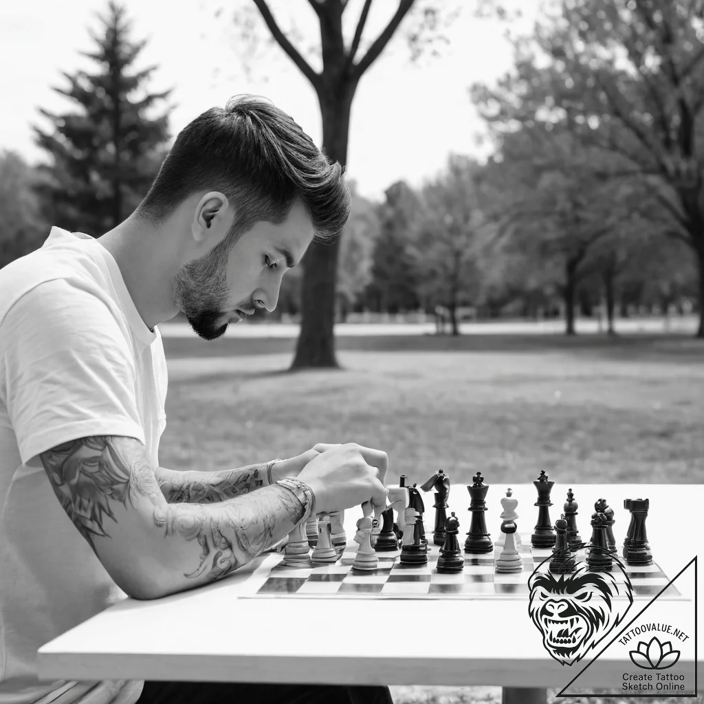 A person playing chess in a park, deeply conc... - tattoo sketch (№1754052298_0, 01.08.2025 12:44) — tattoovalue.net