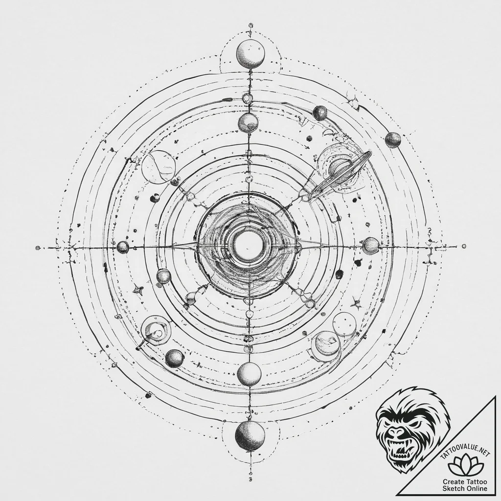 Solar system model (orrery), ink illustration... - tattoo sketch (№1754055136_0, 01.08.2025 13:32) — tattoovalue.net